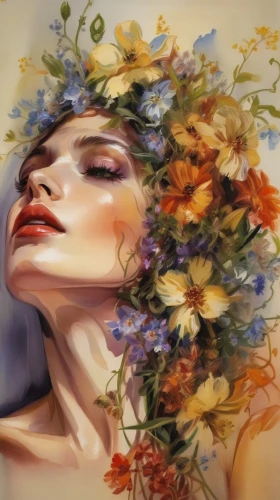 girl in flowers,flower painting,flower wall en,floral composition,flower nectar,wreath of flowers,flower art,oil painting on canvas,falling flowers,girl in a wreath,watercolor pencils,splendor of flowers,flowers png,blooming wreath,floral background,flora,floral wreath,flower illustrative,beautiful girl with flowers,watercolor painting,Illustration,Paper based,Paper Based 11