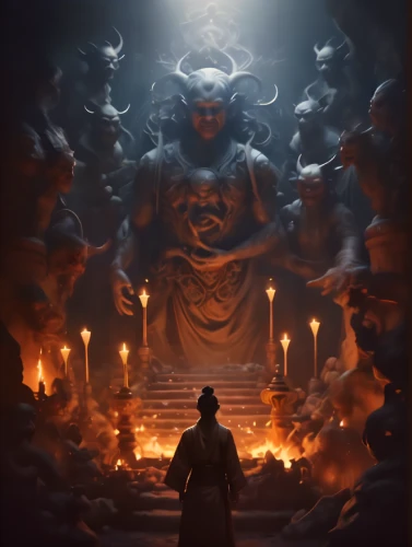 buddhist hell,theravada buddhism,game illustration,hall of the fallen,candlemaker,offering,somtum,buddha,mirror of souls,shrine,monk,cg artwork,the pillar of light,buddha focus,pilgrimage,pilgrim,deity,ritual,occult,offerings