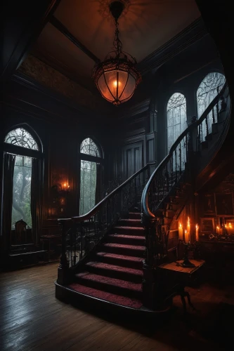victorian,victorian style,staircase,dandelion hall,ornate room,winding staircase,victorian house,hallway,stairwell,outside staircase,the threshold of the house,stairs,a dark room,doll's house,witch's house,interiors,dark cabinetry,stairway,the victorian era,wooden floor,Illustration,Black and White,Black and White 18