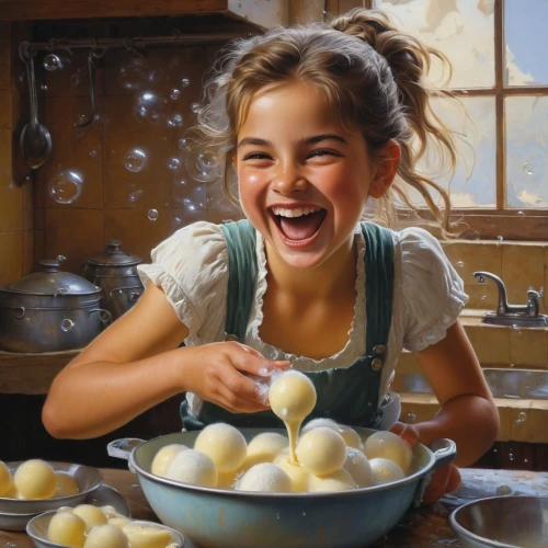girl in the kitchen,painting eggs,tangyuan,girl with cereal bowl,girl with bread-and-butter,milkmaid,confectioner,pelmeni,yoghurt production,confection,a girl's smile,girl picking apples,oil painting on canvas,marzipan balls,oil painting,crème anglaise,poffertjes,butter rolls,egg mixer,sweet garlic,Conceptual Art,Fantasy,Fantasy 13