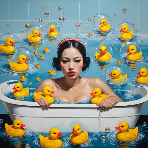 bath ducks,rubber ducks,bath duck,rubber duck,the girl in the bathtub,rubber duckie,rubber ducky,red duck,bird in bath,janome chow,ducky,duck females,bathing,ducks,conceptual photography,bath,mari makinami,wild ducks,baths,ducklings,Illustration,Realistic Fantasy,Realistic Fantasy 24