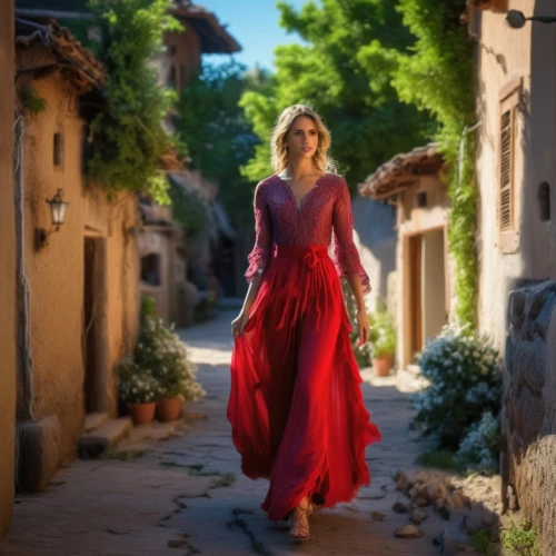 woman walking,girl in a long dress,tuscan,lady in red,man in red dress,red gown,girl in a long dress from the back,la violetta,girl in a historic way,long dress,medieval street,blue jasmine,girl walking away,rapunzel,a girl in a dress,peloponnese,provencal life,rosella,girl in red dress,celtic woman,Photography,General,Realistic