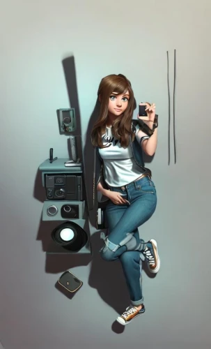 camera illustration,girl at the computer,disc jockey,vinyl player,record player,disk jockey,girl with gun,camera drawing,radio set,girl in t-shirt,girl with a gun,turntable,retro turntable,dj,world digital painting,the record machine,sci fiction illustration,audiophile,microcassette,musicassette,Common,Common,Cartoon