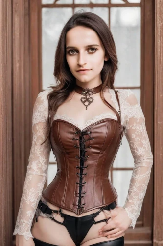 corset,belt with stockings,bodice,latex clothing,victorian style,leather texture,photo session in bodysuit,wooden top,steampunk,women's clothing,leather,victorian lady,girdle,brown fabric,female model,hourglass,velvet elke,see-through clothing,harness,victorian,Photography,Realistic