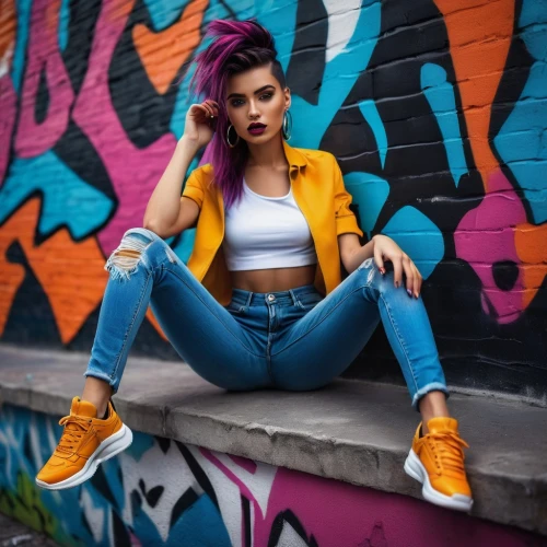 ripped jeans,colorful background,jeans background,colorful,yellow and black,graffiti,neon colors,denim jacket,rockabella,colourful,yellow jumpsuit,yellow brick wall,denim,yellow background,punk,jeans,vibrant color,jean jacket,ash leigh,yellow and blue,Illustration,Paper based,Paper Based 04