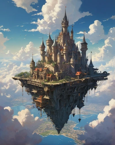 fantasy world,fantasy city,fantasy landscape,floating island,3d fantasy,fairy tale castle,flying island,water castle,hot-air-balloon-valley-sky,castel,fairytale castle,knight's castle,castle of the corvin,studio ghibli,dream world,disney castle,fantasy picture,bird kingdom,fantasy art,aerial landscape,Conceptual Art,Sci-Fi,Sci-Fi 01