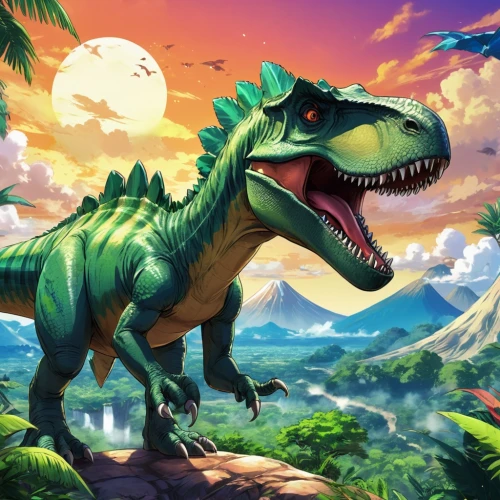 dino,dinosaruio,landmannahellir,dinosaur,raptor,trex,tyrannosaurus,jurassic,game illustration,cynorhodon,tyrannosaurus rex,world digital painting,full hd wallpaper,ark,landscape background,allosaurus,t rex,t-rex,rex,prehistoric,Illustration,Japanese style,Japanese Style 03