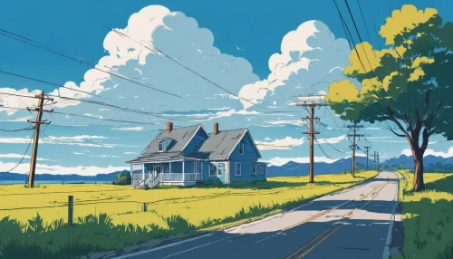 lonely house,prairie,little house,home landscape,country side,telephone poles,cottage,telephone pole,summer cottage,outskirts,powerlines,summer day,seaside country,country road,yellow grass,rural landscape,countryside,roadside,small house,power lines,Illustration,Japanese style,Japanese Style 06