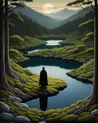 nature and man,evening lake,black landscape,solitude,landscapes,mountainlake,trillium lake,the body of water,landscape background,mirror in the meadow,mountain lake,isolated,river landscape,alpine lake,idyll,loch,mirror water,high mountain lake,forest landscape,oil painting on canvas,Illustration,Abstract Fantasy,Abstract Fantasy 19