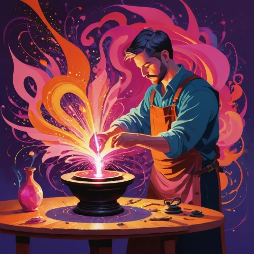 fire artist,candlemaker,lead-pouring,fire master,potter's wheel,tinsmith,blacksmith,cooking book cover,feuerzangenbowle,iron-pour,magical pot,pouring tea,painting technique,burning candle,magician,blowtorch,blow torch,dwarf cookin,diwali wallpaper,cauldron,Illustration,Vector,Vector 08