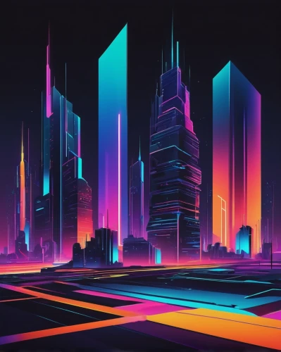 futuristic landscape,cityscape,dubai,metropolis,colorful city,neon arrows,dhabi,fantasy city,cyberpunk,doha,shanghai,80's design,skyscrapers,city blocks,futuristic,80s,cities,abu dhabi,seismic,urban towers,Illustration,Retro,Retro 09