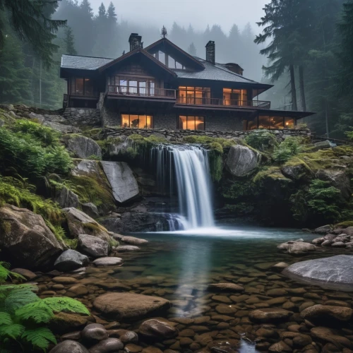 house in mountains,house in the mountains,house in the forest,the cabin in the mountains,beautiful home,house with lake,log home,house by the water,log cabin,luxury property,secluded,oregon,luxury home,vancouver island,summer cottage,waterfalls,chalet,pool house,water mist,private house,Photography,General,Realistic