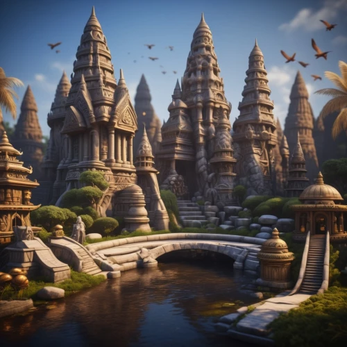 ancient city,3d fantasy,bird kingdom,imperial shores,fantasy city,fantasy world,fantasy landscape,atlantis,3d render,fairy tale castle,floating islands,asian architecture,water castle,northrend,render,3d rendered,the ancient world,fairy world,medieval,fantasy picture,Photography,General,Fantasy