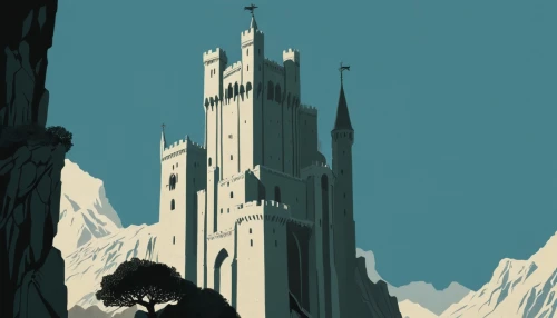 travel poster,summit castle,spire,art deco,ice castle,castles,cathedral,knight's castle,disney castle,castle,castle of the corvin,church painting,towers,church towers,sentinel,steeple,citadel,castel,fortress,stone towers,Illustration,Japanese style,Japanese Style 08