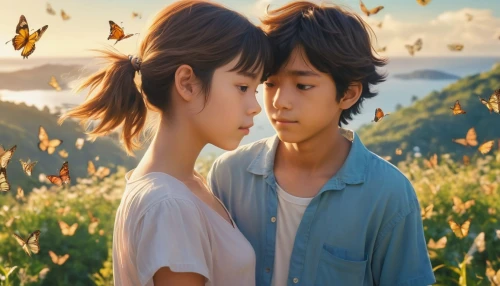 girl and boy outdoor,boy and girl,studio ghibli,korean drama,little boy and girl,video film,vintage boy and girl,romantic scene,movie,shirakami-sanchi,two meters,kdrama,love in air,clover meadow,clove garden,cupido (butterfly),anime 3d,butterfly background,takato cherry blossoms,films,Photography,General,Realistic