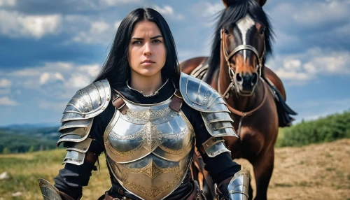 breastplate,female warrior,thracian,cuirass,joan of arc,knight armor,armored animal,endurance riding,equestrian helmet,horse herder,armour,horseback,warrior woman,alpha horse,weehl horse,paladin,heavy armour,armor,two-horses,bactrian,Photography,General,Realistic