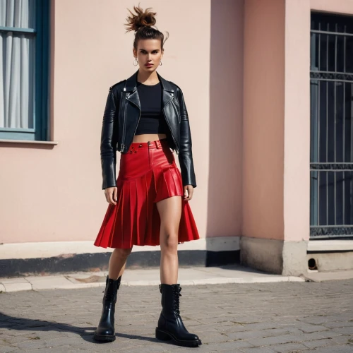 red skirt,black skirt,buffalo plaid,menswear for women,leather boots,ankle boots,skirt,street fashion,women fashion,skort,leather,red-hot polka,school skirt,bermuda shorts,fashion street,black leather,poppy red,red wall,woman in menswear,young model istanbul,Photography,General,Realistic