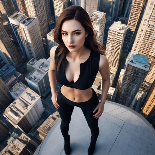 on the roof,catwoman,black widow,lara,rooftop,above the city,from above,up high,roof top,bird's eye view,mma,black suit,from the top,femme fatale,gym girl,strong woman,daredevil,looking down,sexy woman,above,Illustration,Paper based,Paper Based 02