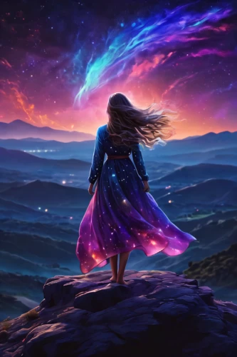 astral traveler,fantasy picture,fantasia,rainbow and stars,falling star,universe,andromeda,the universe,falling stars,space art,little girl in wind,mystical portrait of a girl,nebula guardian,aurora,la violetta,magical,starscape,cosmos wind,fairy galaxy,starlight,Illustration,Realistic Fantasy,Realistic Fantasy 20