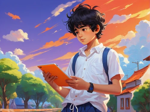 holding ipad,student,study,anime boy,bookworm,school boy,girl studying,author,tutor,reading,novel,anime cartoon,scholar,child with a book,school folder,digital painting,dusk background,book cover,world digital painting,summer background,Art,Classical Oil Painting,Classical Oil Painting 27