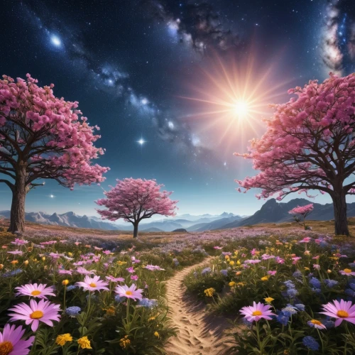 the mystical path,pathway,blooming trees,cosmos field,flowering trees,blossom tree,splendor of flowers,flowers celestial,fantasy landscape,landscape background,field of flowers,fantasy picture,blooming field,flower tree,the path,the way of nature,beautiful landscape,nature landscape,flowerful desert,landscapes beautiful