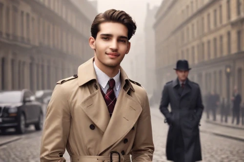 overcoat,frock coat,trench coat,white-collar worker,aristocrat,inspector,bellboy,long coat,gentleman icons,spy visual,old coat,photoshop manipulation,young model istanbul,spy,businessman,men clothes,men's suit,prince of wales,detective,tailor,Photography,Commercial