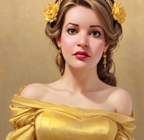fantasy portrait,portrait of a girl,digital painting,emile vernon,romantic portrait,photo painting,jane austen,cinderella,world digital painting,girl portrait,portrait background,young woman,rapunzel,yellow rose background,mary-gold,girl in a wreath,art painting,oil painting,princess anna,painter doll,Digital Art,Classicism