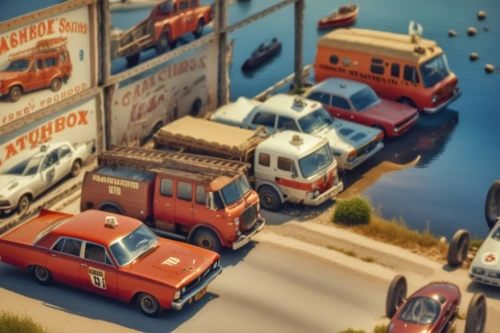 tin toys,miniature cars,auto repair shop,automobile repair shop,retro vehicle,delivery trucks,salvage yard,tilt shift,vwbus,ship yard,retro diner,fleet and transportation,firetruck,volkswagen delivery,model buses,fire truck,collected game assets,cable cars,cargo port,seaside country,Photography,General,Realistic