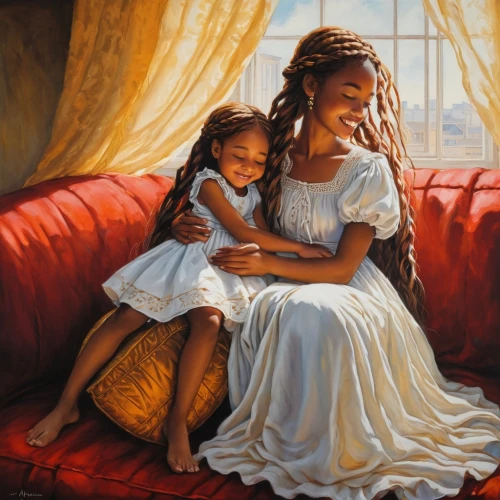 little girl and mother,oil painting on canvas,oil painting,beautiful african american women,capricorn mother and child,afro american girls,little girls,mother and daughter,mother with child,oil on canvas,two girls,children girls,black couple,church painting,young couple,braiding,mother and child,african american woman,mother with children,romantic portrait,Illustration,Realistic Fantasy,Realistic Fantasy 34