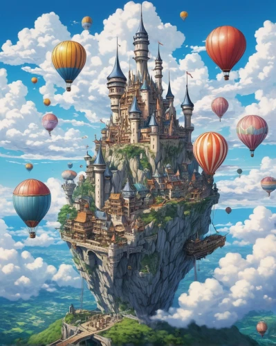 hot-air-balloon-valley-sky,fantasy world,fairy tale castle,fantasy city,3d fantasy,balloon trip,studio ghibli,flying island,hot air balloons,knight's castle,hot air balloon,fairytale castle,dream world,ballooning,disney castle,fairy world,hot air balloon ride,castel,hot air balloon rides,floating island,Illustration,Japanese style,Japanese Style 05