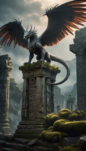 fantasy picture,gryphon,fantasy art,garuda,black dragon,gargoyles,nine-tailed,basilisk,dragon bridge,gargoyle,heroic fantasy,griffin,world digital painting,wyrm,ancient city,king of the ravens,dragon,pegasus,dragon of earth,sphinx,Conceptual Art,Daily,Daily 13