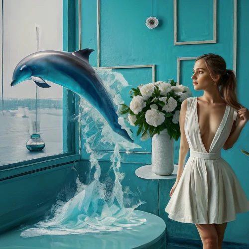 girl with a dolphin,dolphin fountain,trainer with dolphin,dolphin rider,dolphinarium,bottlenose,conceptual photography,splash photography,blue sea,aquarium decor,mermaid background,bathtub accessory,dolphin background,aqua studio,photoshop manipulation,photomanipulation,the sea maid,dolphin,photo manipulation,dolphin show