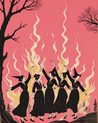 celebration of witches,witches,witches' hats,vintage halloween,witches pentagram,nuns,the witch,all saints' day,walpurgis night,campfires,bonfire,carolers,fire dance,danse macabre,dancing flames,santons,pilgrims,vintage illustration,smouldering torches,witch ban,Illustration,Japanese style,Japanese Style 08