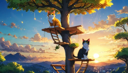 cat tree of life,cats in tree,tree top,tree house,treehouse,treetop,animal tower,tree tops,tree toppers,tree house hotel,bird kingdom,travel poster,tree crown,fantasy picture,summer evening,tree swing,whimsical animals,world digital painting,game art,scratch tree,Illustration,Japanese style,Japanese Style 03