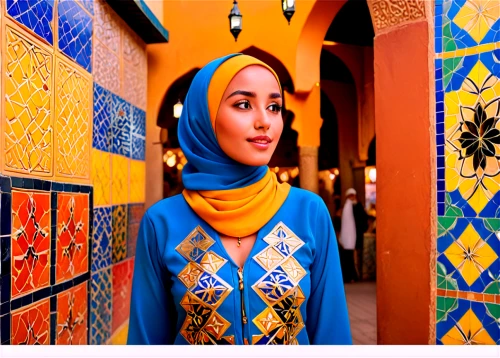 moroccan pattern,morocco,islamic girl,islamic pattern,majorelle blue,arabic background,muslim woman,moorish,marrakesh,ethnic design,hijaber,spanish tile,alcazar of seville,muslim background,yellow and blue,aswan,tiled wall,omani,hijab,saturated colors,Art,Artistic Painting,Artistic Painting 45