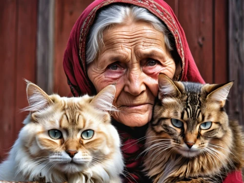 cat family,cat lovers,old couple,old age,harmonious family,felines,old woman,elderly people,cat greece,elderly lady,chinese pastoral cat,cat european,grandmother,care for the elderly,pensioner,pensioners,two cats,ginger family,mother and grandparents,three friends,Photography,General,Realistic