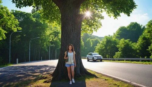 girl with tree,the girl next to the tree,forest road,roadside,girl in a long dress,girl and car,tree lined lane,country road,the side of the road,green tree,tree lined,trees,photoshop manipulation,helios 44m7,digital compositing,woman walking,green trees,girl walking away,trees with stitching,b3d,Photography,General,Realistic