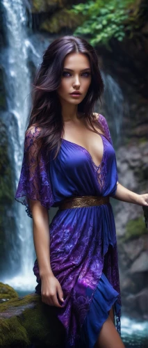 purple dress,celtic woman,image manipulation,digital compositing,purple landscape,bridal veil fall,blue enchantress,faerie,photoshop manipulation,fantasy picture,water fall,waterfall,cascading,girl on the river,woman at the well,fantasy woman,ilse falls,flowing water,purple,waterfalls,Conceptual Art,Fantasy,Fantasy 14