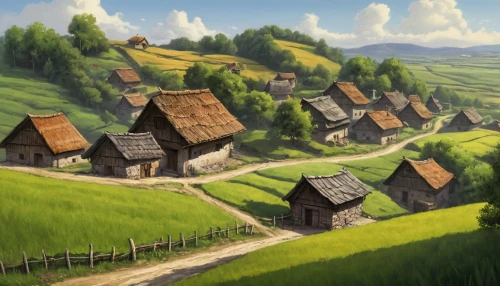 wooden houses,alpine village,mountain village,villages,escher village,home landscape,mountain settlement,hanging houses,village life,knight village,rural landscape,alpine pastures,houses clipart,rolling hills,aurora village,mountain huts,countryside,blocks of houses,cottages,houses,Illustration,Paper based,Paper Based 02