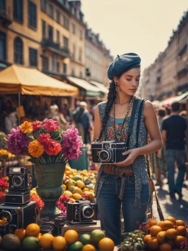 fruit market,hippy market,greengrocer,farmers market,farmer's market,vendor,fruit stand,marketplace,girl in a wreath,vendors,market,market vegetables,woman eating apple,fruit stands,girl with bread-and-butter,girl in overalls,the market,flower stand,large market,beautiful girl with flowers,Conceptual Art,Fantasy,Fantasy 11