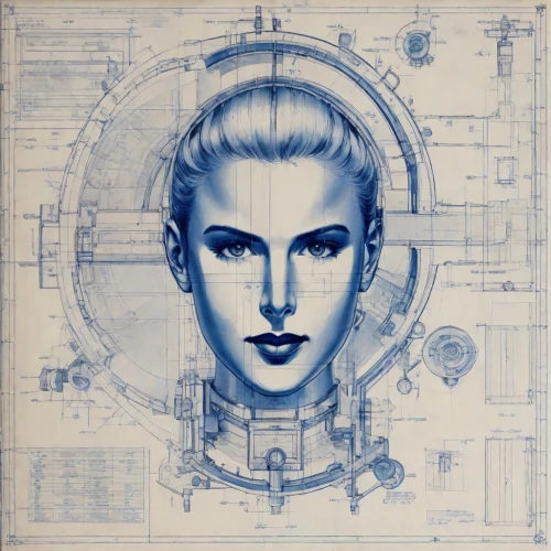 blueprint,blueprints,cybernetics,biomechanical,robot icon,aquanaut,ballpoint,ballpoint pen,sci fi,sci fiction illustration,science fiction,pioneer 10,circuitry,sci-fi,sci - fi,cd cover,women in technology,magneto-optical disk,robotic,head woman,Digital Art,Blueprint
