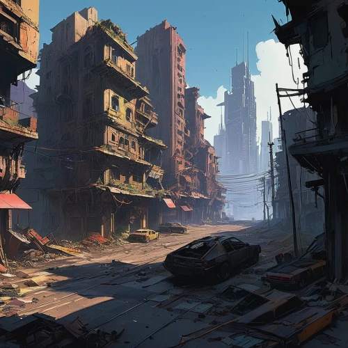 destroyed city,slums,post-apocalyptic landscape,post apocalyptic,slum,wasteland,post-apocalypse,ruins,urban landscape,human settlement,cityscape,urbanization,scrapyard,ancient city,industrial landscape,junkyard,industrial ruin,ruin,kowloon city,suburb,Conceptual Art,Sci-Fi,Sci-Fi 01