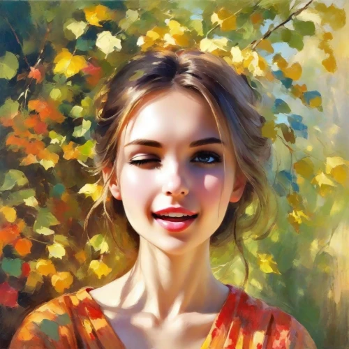 autumn icon,girl portrait,girl in flowers,romantic portrait,mystical portrait of a girl,girl with tree,portrait of a girl,autumn background,girl in the garden,a girl's smile,girl in a wreath,fantasy portrait,young woman,photo painting,portrait background,beautiful girl with flowers,girl in a long,face portrait,autumn idyll,world digital painting,Digital Art,Impressionism