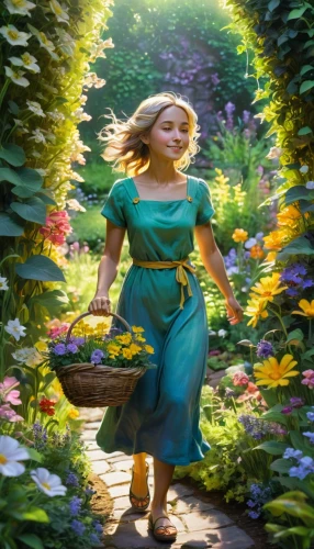 girl in the garden,girl picking flowers,girl in flowers,rapunzel,picking flowers,garden fairy,cinderella,to the garden,alice in wonderland,fae,fantasy picture,falling flowers,world digital painting,little girl in wind,way of the roses,flower fairy,flower girl,fantasy portrait,yellow garden,flora,Conceptual Art,Fantasy,Fantasy 11