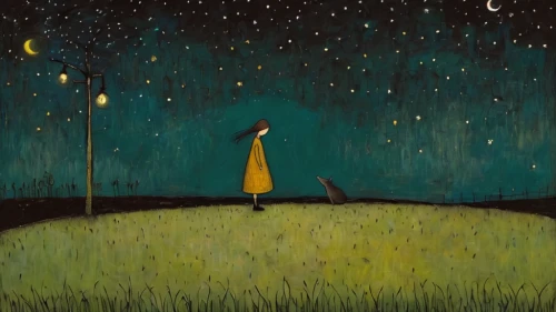 night scene,fireflies,girl in a long,starry night,cosmos field,night stars,girl with tree,falling star,girl in a long dress,stargazing,starry sky,falling stars,the night sky,vincent van gough,the moon and the stars,the girl in nightie,the stars,starfield,yellow grass,firefly,Art,Artistic Painting,Artistic Painting 49