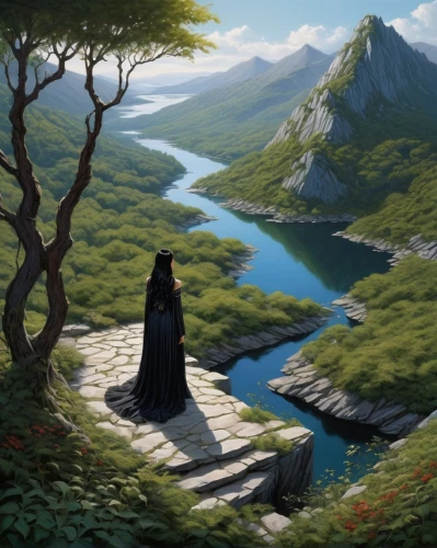 pilgrimage,fantasy picture,meteora,landscape background,mountain scene,the spirit of the mountains,idyll,mount scenery,overlook,the wanderer,fantasy landscape,high landscape,mountain landscape,scenery,mulan,the mystical path,studio ghibli,the scenery,background with stones,jrr tolkien,Illustration,Abstract Fantasy,Abstract Fantasy 14
