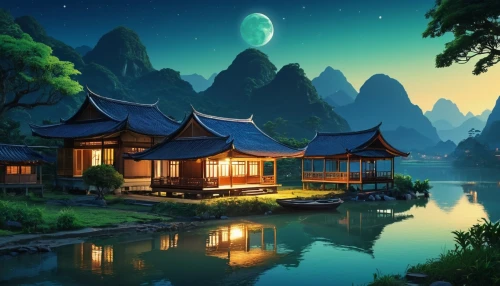 landscape background,asian architecture,fantasy landscape,oriental,chinese architecture,chinese background,chinese art,tranquility,home landscape,chinese temple,mid-autumn festival,idyllic,beautiful landscape,floating huts,moonlit night,oriental painting,world digital painting,fantasy picture,cartoon video game background,night scene,Photography,General,Realistic