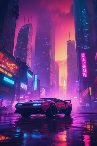 cyberpunk,futuristic,cityscape,80s,futuristic landscape,toyota supra,3d car wallpaper,vapor,lamborghini,dusk,lamborghini countach,corvette,neon,supra,urban,neon arrows,80's design,aesthetic,colorful city,pontiac fiero,Illustration,Vector,Vector 19