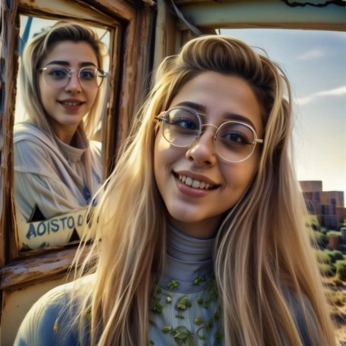 two glasses,with glasses,chairlift,silver framed glasses,ski glasses,city ​​portrait,gaudí,two girls,gondola lift,world digital painting,lens reflection,glasses,digital painting,3d albhabet,hdr,photo painting,sisters,color glasses,iranian,jordanian