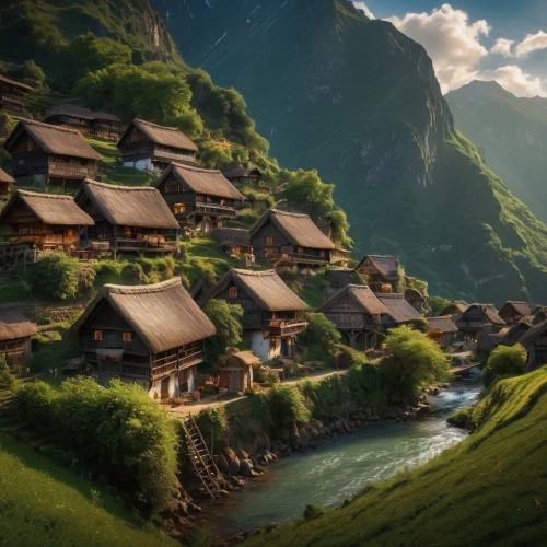 mountain village,alpine village,mountain settlement,mountain huts,korean folk village,alpine pastures,japanese alps,japan landscape,rice terrace,house in mountains,hobbit,mountain valley,the valley of flowers,aurora village,villages,korean village snow,japanese mountains,popeye village,house in the mountains,goatherd,Photography,General,Fantasy